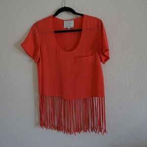 Madison Marcus Silk Crop Tee with Fringed Bottom.